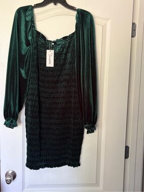 Simple Emerald Green Velvet Smocked Long Sleeve Mini Dress